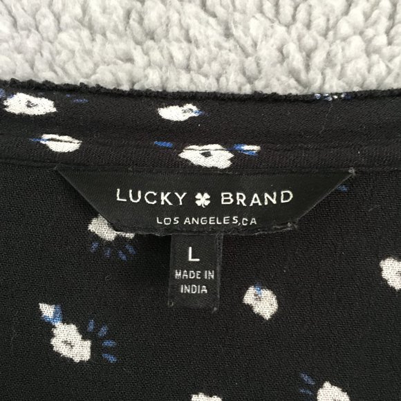 Lucky Brand Blouse Women L Black V Neck Floral Print 100% Viscose Light Weight - Picture 5 of 11